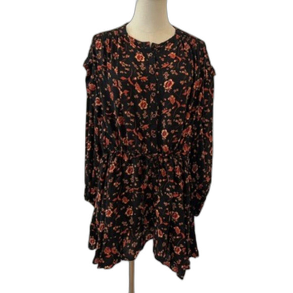 Free People Flower Fields Mini Dress Floral Black Red Boho XS Oversized - Picture 2 of 11